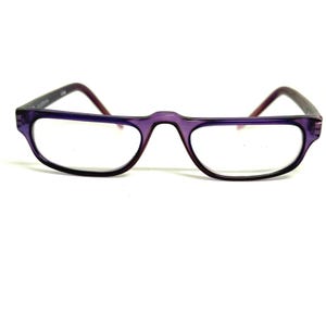 May include: Purple half-frame eyeglasses with a dark purple and burgundy color scheme. The glasses have a rounded rectangular lens shape and a bridge that connects the two lenses. The temples are a darker shade of purple.