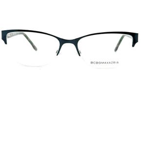 May include: Black eyeglasses with a half-rim design. The frames are a dark color, and the lenses are clear. The brand name BCBGMAXAZRIA is printed on the right lens. The glasses have a modern, minimalist style.
