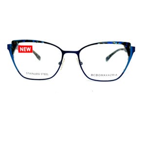 May include: Blue cat-eye eyeglasses with a stainless steel frame. The glasses have a patterned design on the temples and the text "BCBGMAXAZRIA" is visible. A "NEW" sticker is on the left lens.
