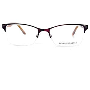 May include: A pair of burgundy-colored eyeglasses with a clear frame and BCBGMAXAZRIA printed on the right lens.