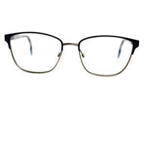 May include: Eyeglasses with a black upper frame and a gold-colored lower frame. The lenses are clear, and the temples are thin and gold-colored. The glasses have a modern, minimalist design.