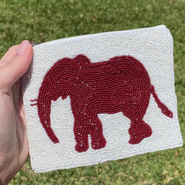 Alabama Crimson Elephant Beaded Coin Purse