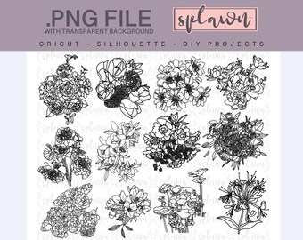 12 Hand drawn flower pieces, flower drawings, flower .PNG files, for circut/silhouette, commercial use, branding,diy,diy decor,decor