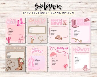 Pink Cowgirl Birthday Invitation Bundle | 8 Western Party Invite Templates | pink, western, cowgirl, birthday invitations, bday invites