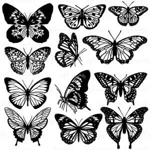 May include: A collection of twelve distinct black and white butterfly illustrations arranged in a grid. Each butterfly features unique wing patterns, including solid black sections, intricate veins, and spotted borders, presented as high-contrast graphics.