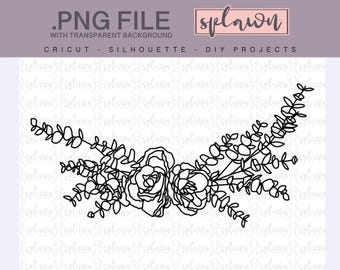 Flower semi wreath drawing .PNG, hand drawn, circut design, silhouette, diy decor, page decoration,  transparent IMG, commercial use