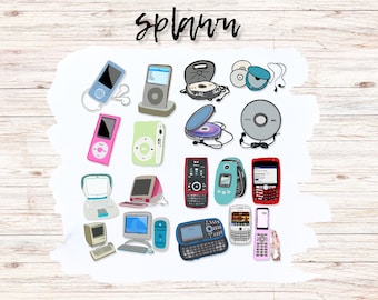 Y2K Tech PNG Bundle | 18 Transparent Retro Technology Stickers | iPod, Flip Phone, Blackberry, Computer Clipart | Digital Scrapbook