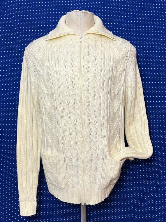 Vintage 1970’s white cable knit cardigan sweater,… - image 1