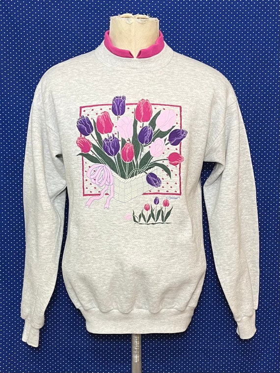 Vintage 1980’s-1990’s tulips basket pullover coll… - image 1