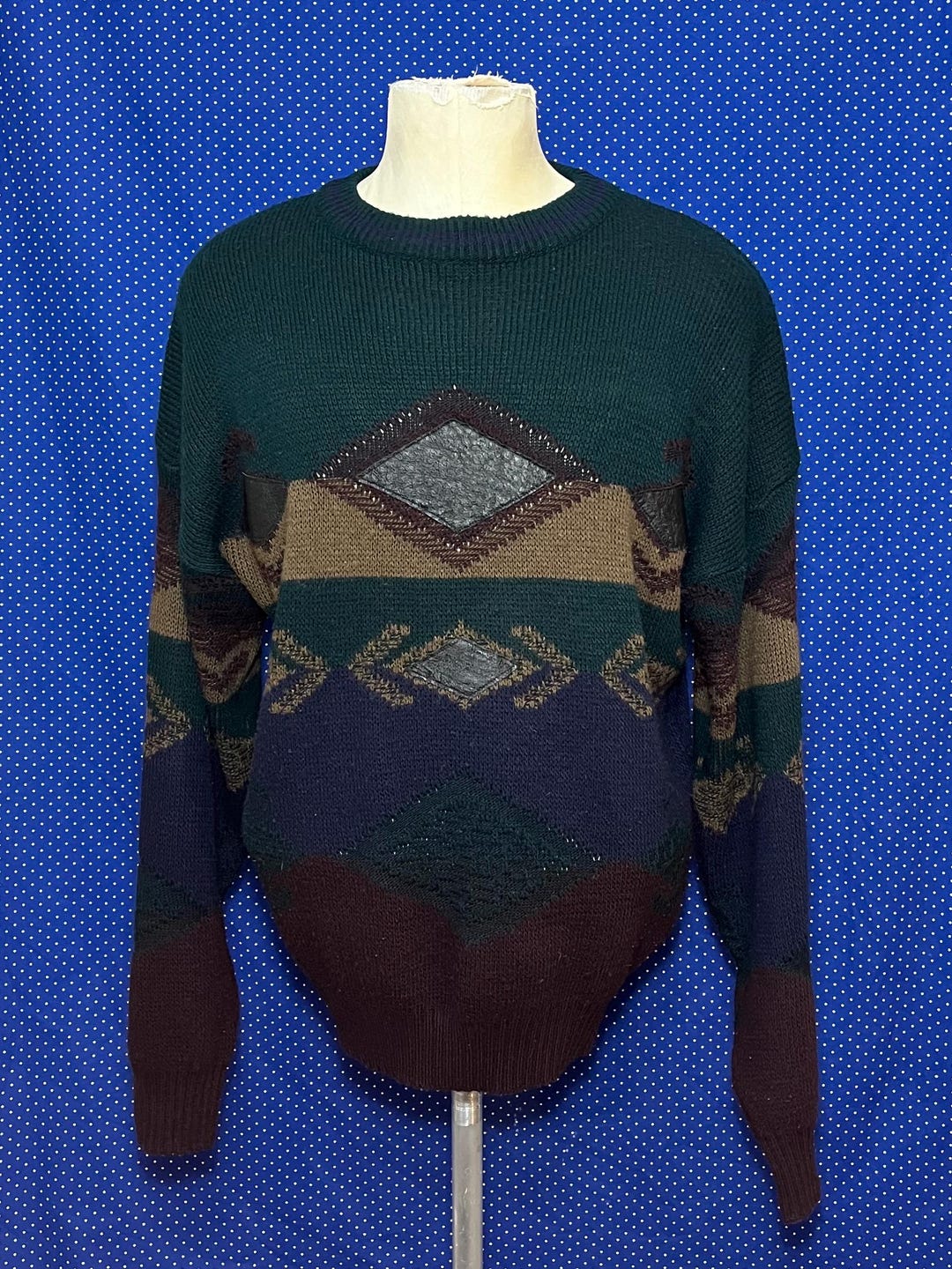 Vintage 1989’s-1990’s Colorblock Sweater With Leather Diamonds, Large ...