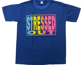 Deadstock vintage 1980’s navy blue STRESSED OUT color gradation t-shirt, large
