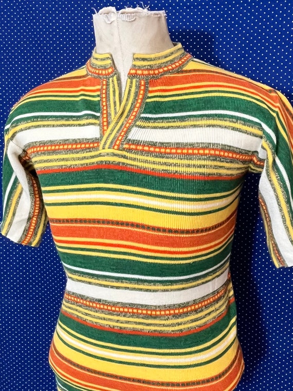 Vintage 1970’s colorful striped hippie knit shirt… - image 1