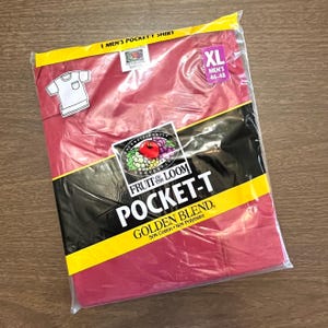 Deadstock vintage 1990’s red Fruit Of The Loom pocket t-shirt, new in package, XL