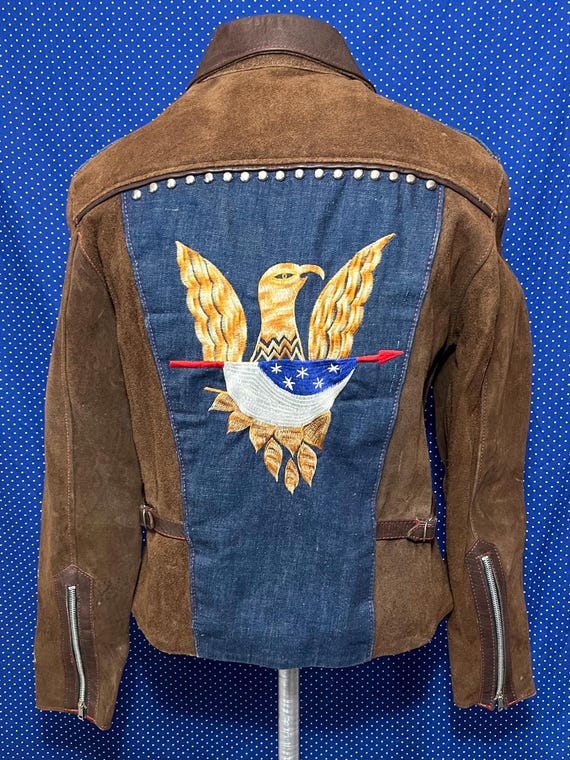 Vintage Mexican leather and denim jacket embroide… - image 2