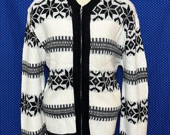 Vintage 1960's Snowflakes Zip-up Cardigan Sweater, Slim Large