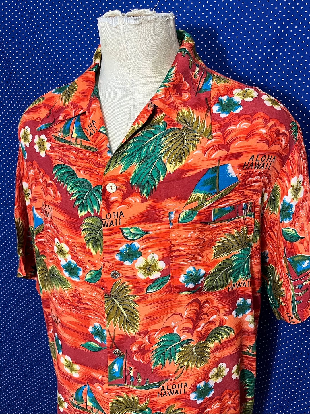 VTG 60s BJ’S FASHIONS HAWAIIAN ALOHA SHIRT RAYON ROCKABILLY HOT ROD 42” (40) M