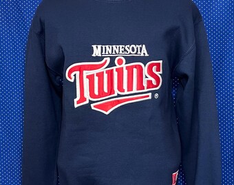 Vintage 1990er Jahre Minnesota Twins Applikation und bestickter Pullover Sweatshirt mit Rundhalsausschnitt, geräumig, klein