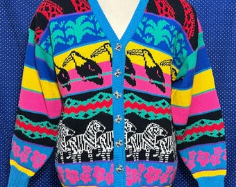 Insane vintage 1990’s safari animals cardigan sweater with zebra buttons, medium