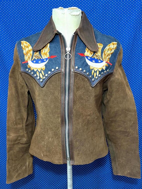 Vintage Mexican leather and denim jacket embroide… - image 1