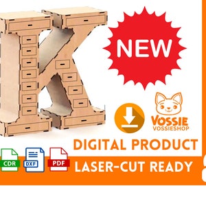 K-Shape Box with Drawers Laser-Cut/CNC Digital Design | Svg, Dxf, Cdr, Pdf | 3mm Thickness | 50cm x 30cm (19.69 by 11.81 inches)