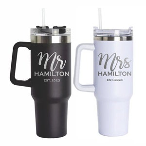 Personalized Mr and Mrs Bride and Groom Engraved 40oz Tumblers with Handle - Set of 2 cups