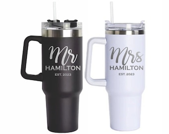 Personalized Mr and Mrs Bride and Groom Engraved 40oz Tumblers with Handle - Set of 2 cups
