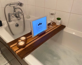 Ensemble de planches de bain (caddie de bain) Noyer, Érable et Cerise avec support de tablette portable et bougeoir portable, Bois, Fait main