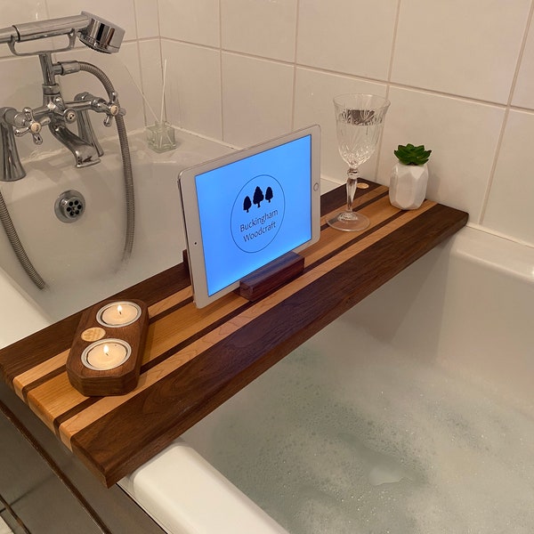 Bath board set (bath caddy) Walnut, Maple & Cherry with portable tablet holder and portable candle holder, Wooden, Handmade