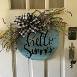 Hand Painted Personalized Wooden Door Hanger - Front Door Wreath - Hello Summer Customized Welcome Sign