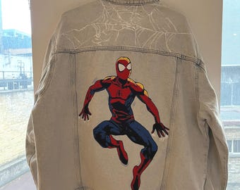 Chaqueta vaquera de Spider-Man pintada a mano, talla grande