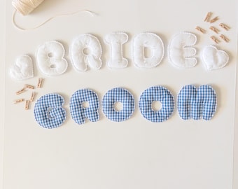 Pancarta de boda para novios, decoración para despedida de soltera, guirnalda de letras de tela esponjosa, decoración para sillas de boda, decoración para la habitación de la boda