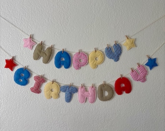 Guirnalda de tela de feliz cumpleaños, pancarta de feliz cumpleaños para niño o niña, unisex, guirnalda de cumpleaños de tela inflada