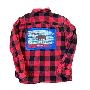 Flannel shirt with patch, California, red plaid, unique shirt, large