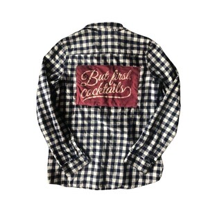 Flannel with patch, blue plaid, cocktails, womens graphic tee, Medium