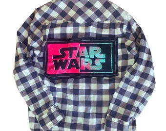 Star Wars Patch Flannel Shirt, Black & White Plaid, Women's Small