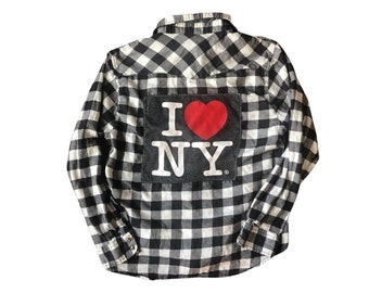 Upcycled I Love NY Flannel Shirt, Black and White Plaid, Women's Large