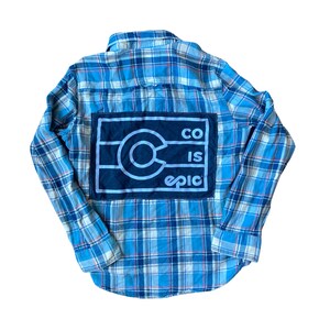 Flannel shirt with patch, Colorado, blue plaid, unique shirt, medium