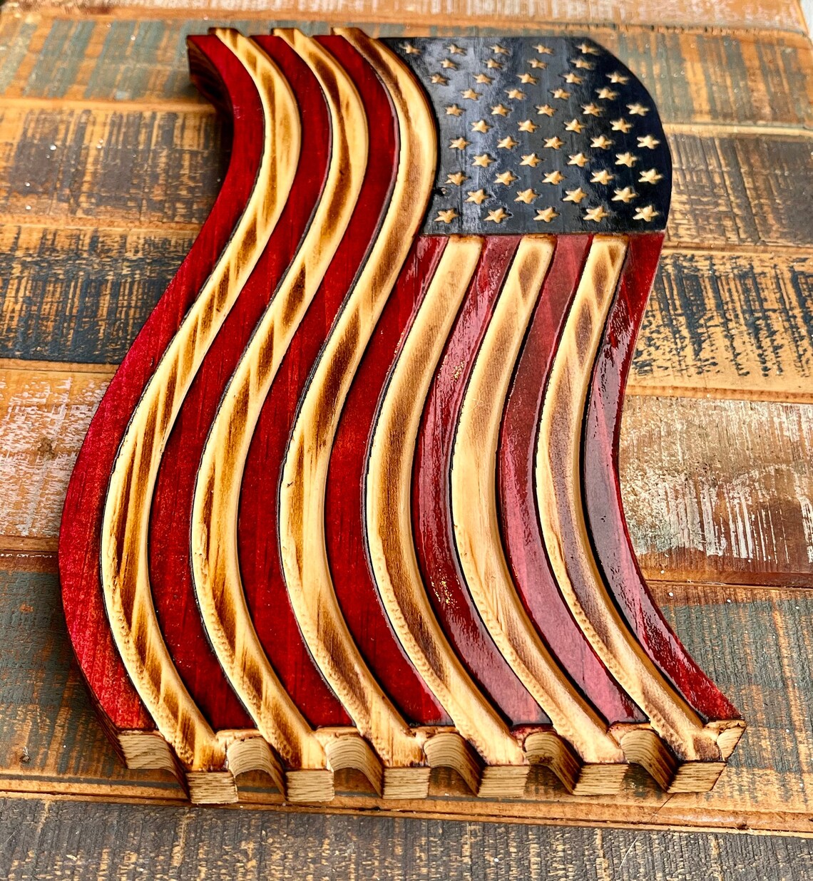 SMALL WOODEN AMERICAN Flag Wavy Us Flag Rustic American Etsy