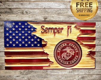 USMC Wooden Flag: Rustic American Marine Corps Logo, Veteran Gift