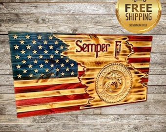 USMC Wooden Flag: Rustic American Flag, Marines Corps Logo