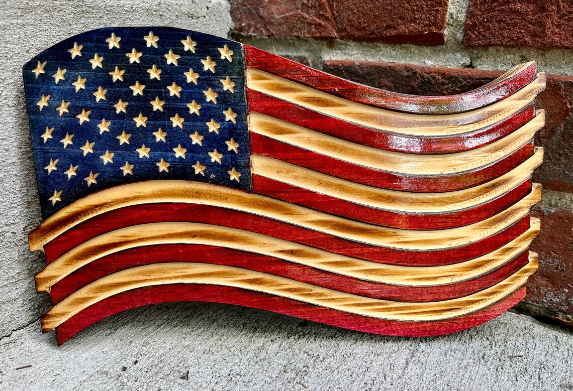 SMALL WOODEN AMERICAN Flag Wavy Us Flag Rustic American Etsy