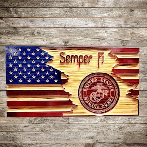 USMC WOODEN FLAG, Wooden American Marine Corps Flag, Rustic Wooden American Marine Corps Logo Flag,Marine veteran, license number 23105