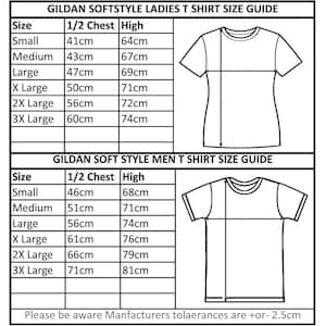 May include: A size chart for Gildan Softstyle T-shirts. The chart shows the size, half chest measurement in centimeters, and height in centimeters for both men's and women's shirts.