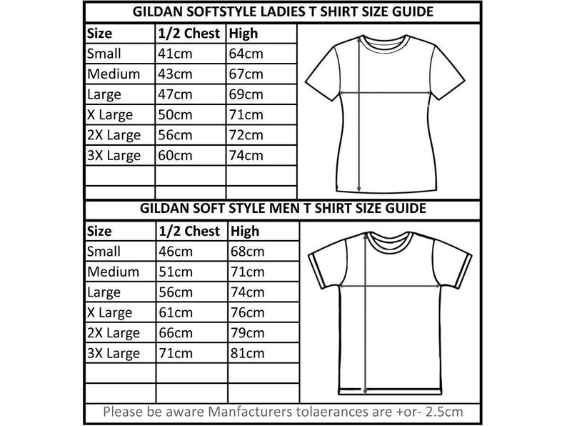 May include: A size chart for Gildan Softstyle T-shirts. The chart shows the size, half chest measurement in centimeters, and height in centimeters for both men's and women's shirts.