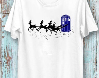The Doctor Who Christmas Flying Deer Police Phone T-Shirt  Cool Ideal Tee Top for Ladies and Gentlemen