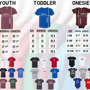 Puede incluir: Tablas de tallas para camisetas de j&oacute;venes, ni&ntilde;os peque&ntilde;os y bodies, con medidas en pulgadas para ancho y largo, y peso en libras para bodies. Se muestran varios colores de camisetas debajo.