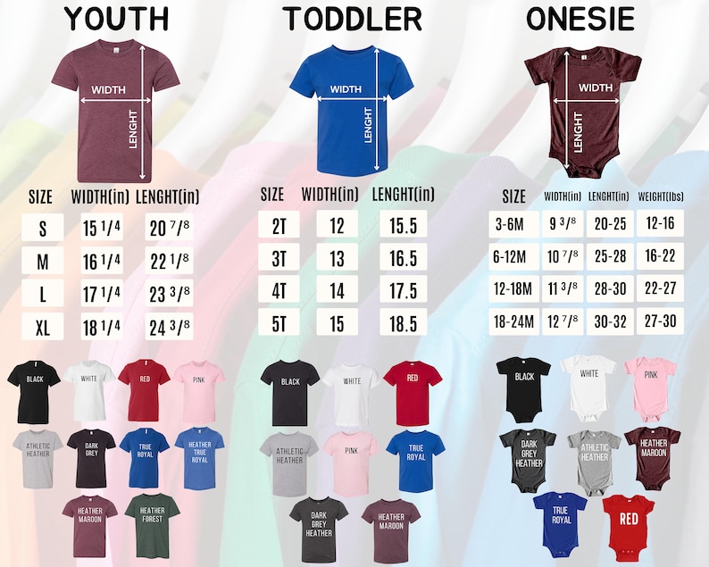 Puede incluir: Tablas de tallas para camisetas de j&oacute;venes, ni&ntilde;os peque&ntilde;os y bodies, con medidas en pulgadas para ancho y largo, y peso en libras para bodies. Se muestran varios colores de camisetas debajo.