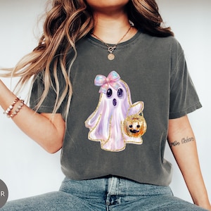 Shimmering Ghost Shirt, Iridescent Ghost Tee, Pastel Halloween T-Shirt, Comfort Colors Glittery Spooky Season Tee