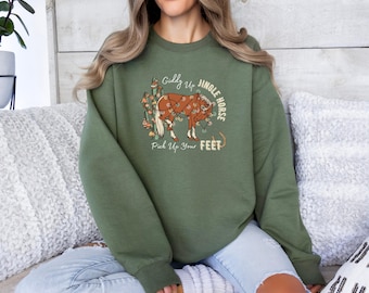 Cowboy Christmas Sweatshirt, Giddy Up Jingle Horse Sweater, Howdy Country Holiday Horse Top, Cowgirl Western Christmas Crewneck Gift