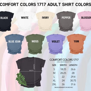 a collection of adult t-shirt colors, including black, white, ivory, pepper, blossom, blue jean, moss, violet, yam, and black. The image also includes a size chart for these colors, providing measurements in inches for each color.